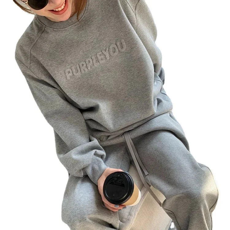 Thick Tracksuit Women Two Pieces Set Sweatshirts Pullover Hoodies Pockets Pants Suit Trousers Sports Matching Sets Autumn Spring