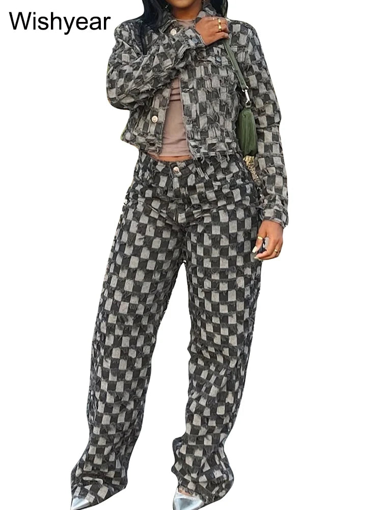 Women's Fashion Gray Denim 2 Piece Set Long Sleeve Patchwork Jacket And Wide Leg Pants Streetwear Grid Wash Jeans Autumn Outfits