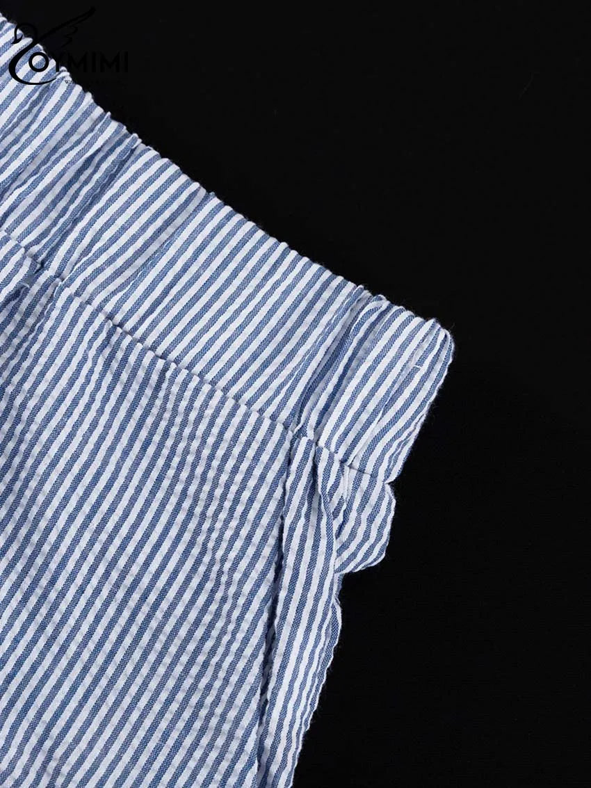 Oymimi Casual Dark Blue Print Women's Two Pieces Set Elegant Long Sleeve Button Shirt And Low Waist Straight Trousers Female Set