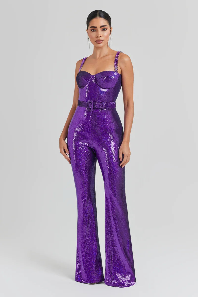 Gold Sequin Design Sleeveless Jumpsuit With Belt for Women