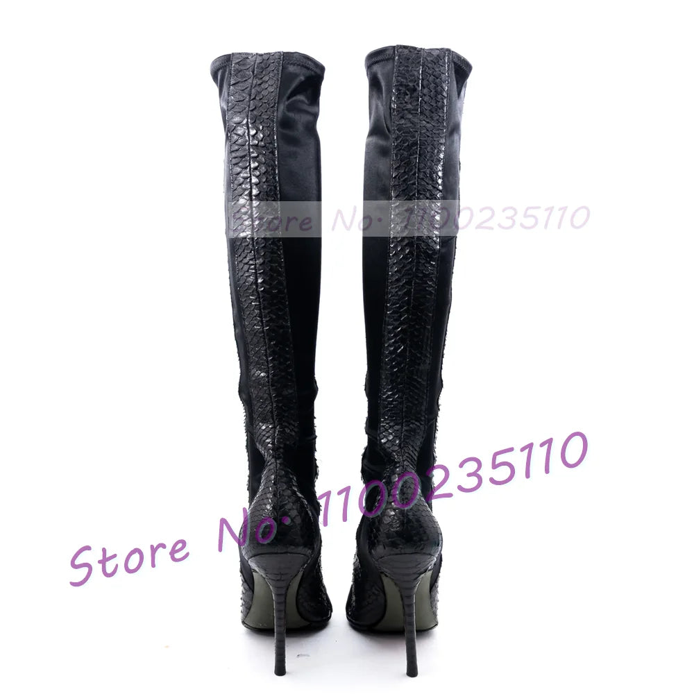 Black Python Leather Splicing Knee High Boots With Slim Stiletto Heel For Women