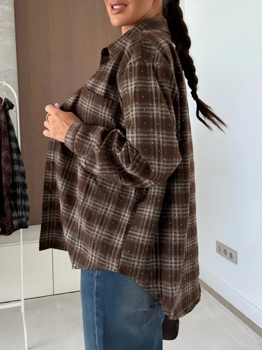 Fashion New Women's Lapel Pocket Coat Vintage Plaid Printed Long Sleeved Shirt Casual Street Wear Single Breasted Office T-shirt