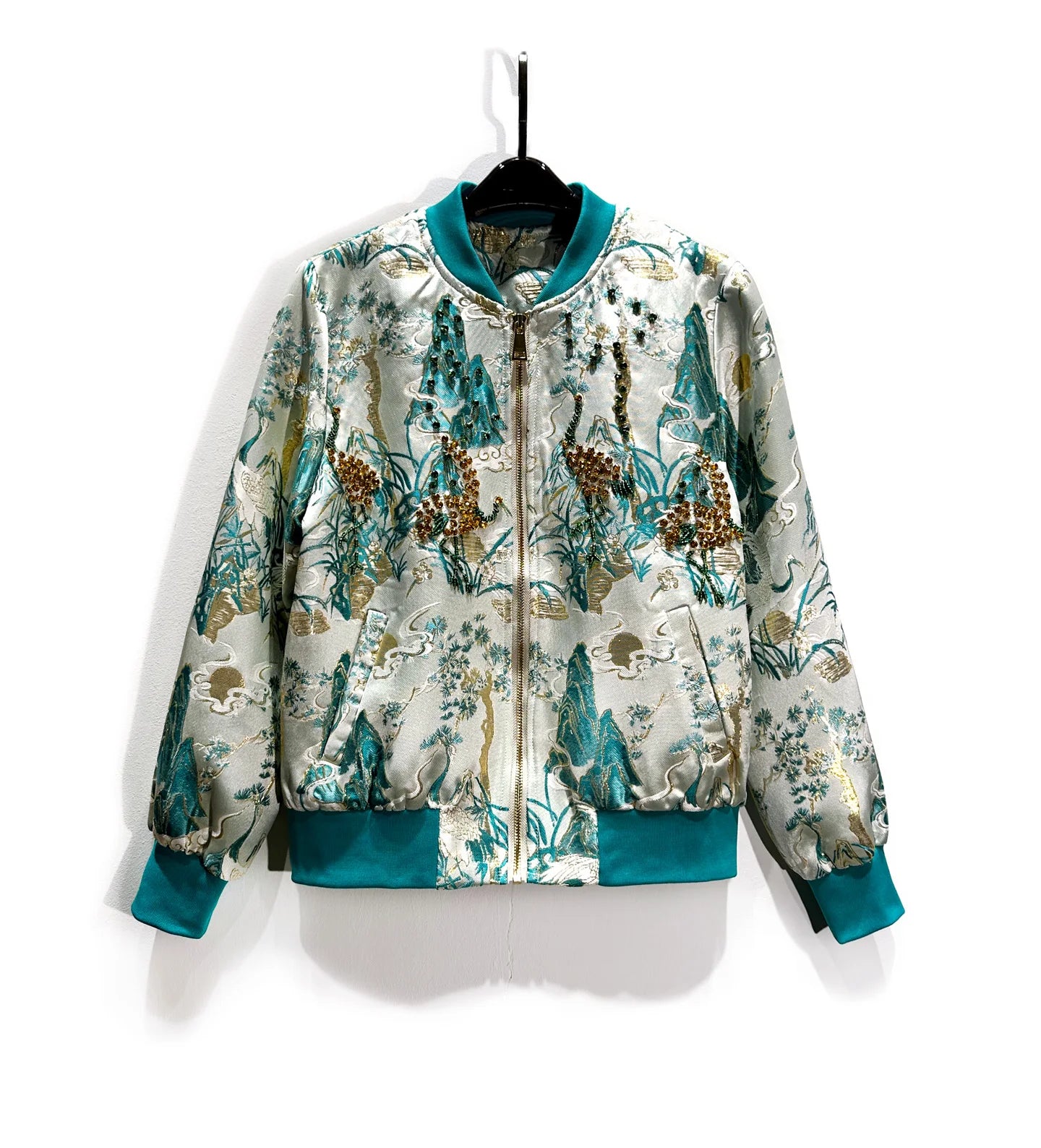 High-End Retro Baseball Jacket Women Short Coat Autumn New Heavy Beading Gold Stamping Jacquard Long Sleeve Elegant Jacket Top