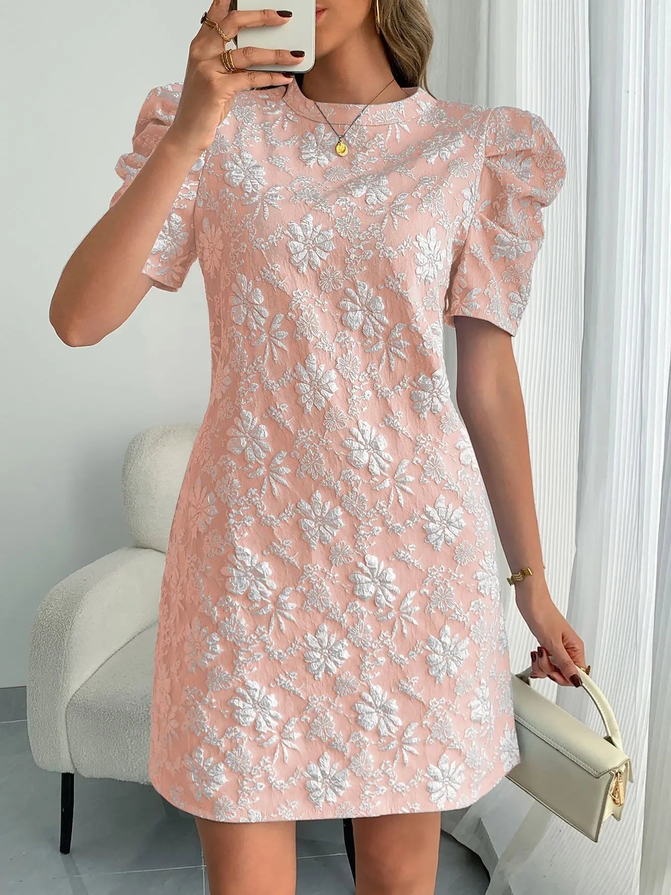 Textured Jacquard Puff Sleeve Midi Dress for Women