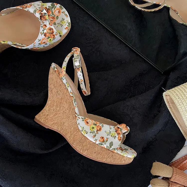 Summer Satin Peep Toe Slingback Wedge Platform Bow Sandals for Women