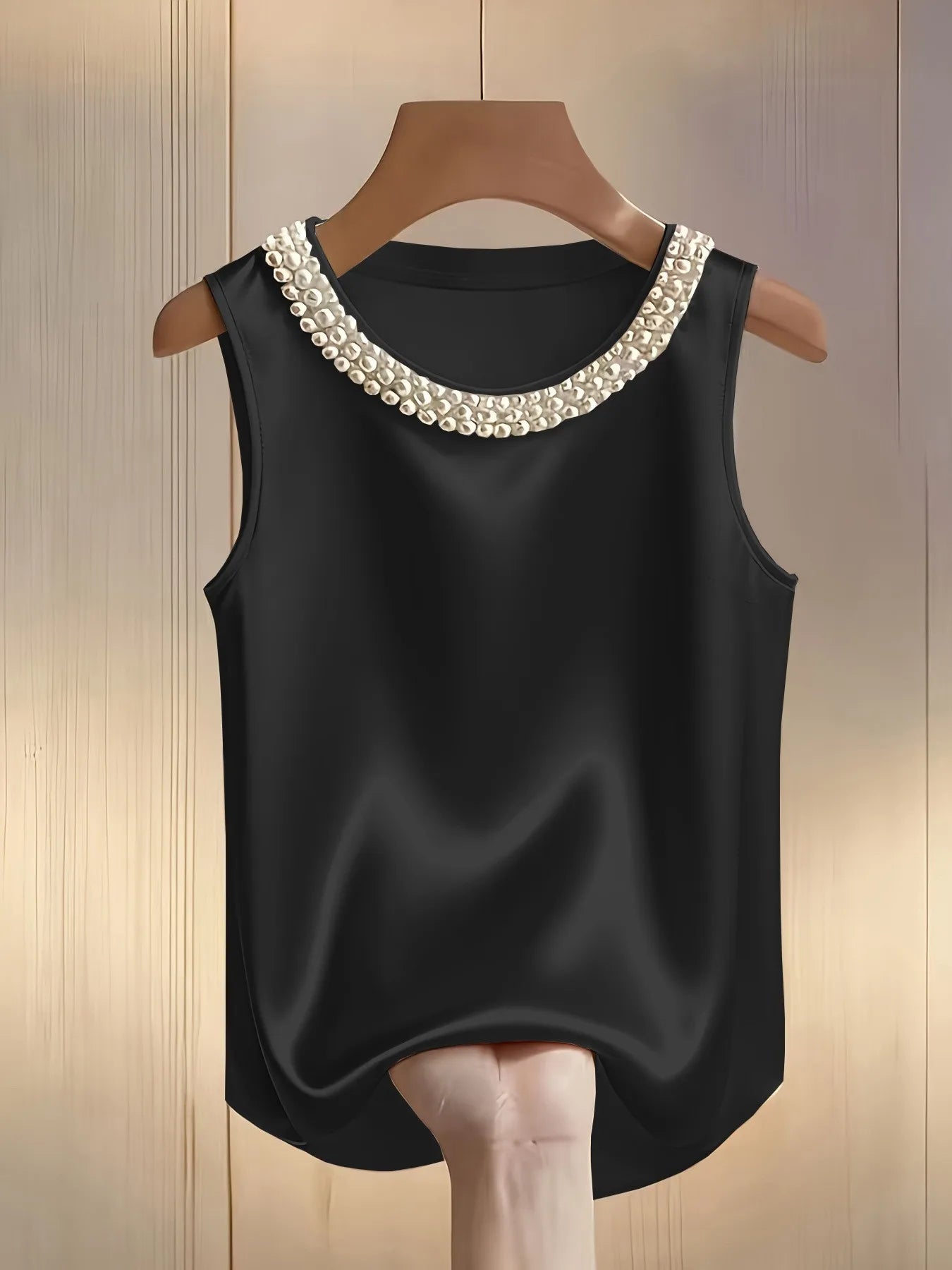 Loose Satin Beaded Pearl Decor Sleeveless Tank Top for Women