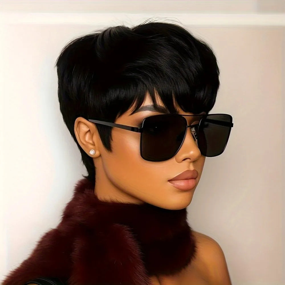 Natural Straight Human Hair Pixie Cut Wig With Bangs For Women