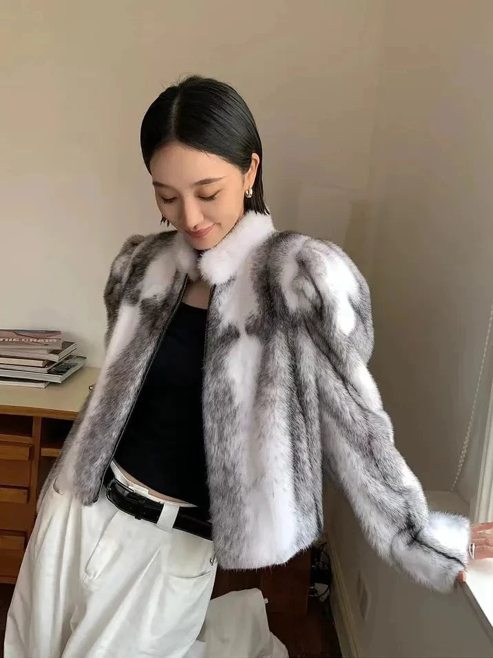 Faux Mink Fur Coat for Women,Short Jackets,O-Neck Overcoat,Female Clothes,High-Quality，England Style,Autumn,Winter,New