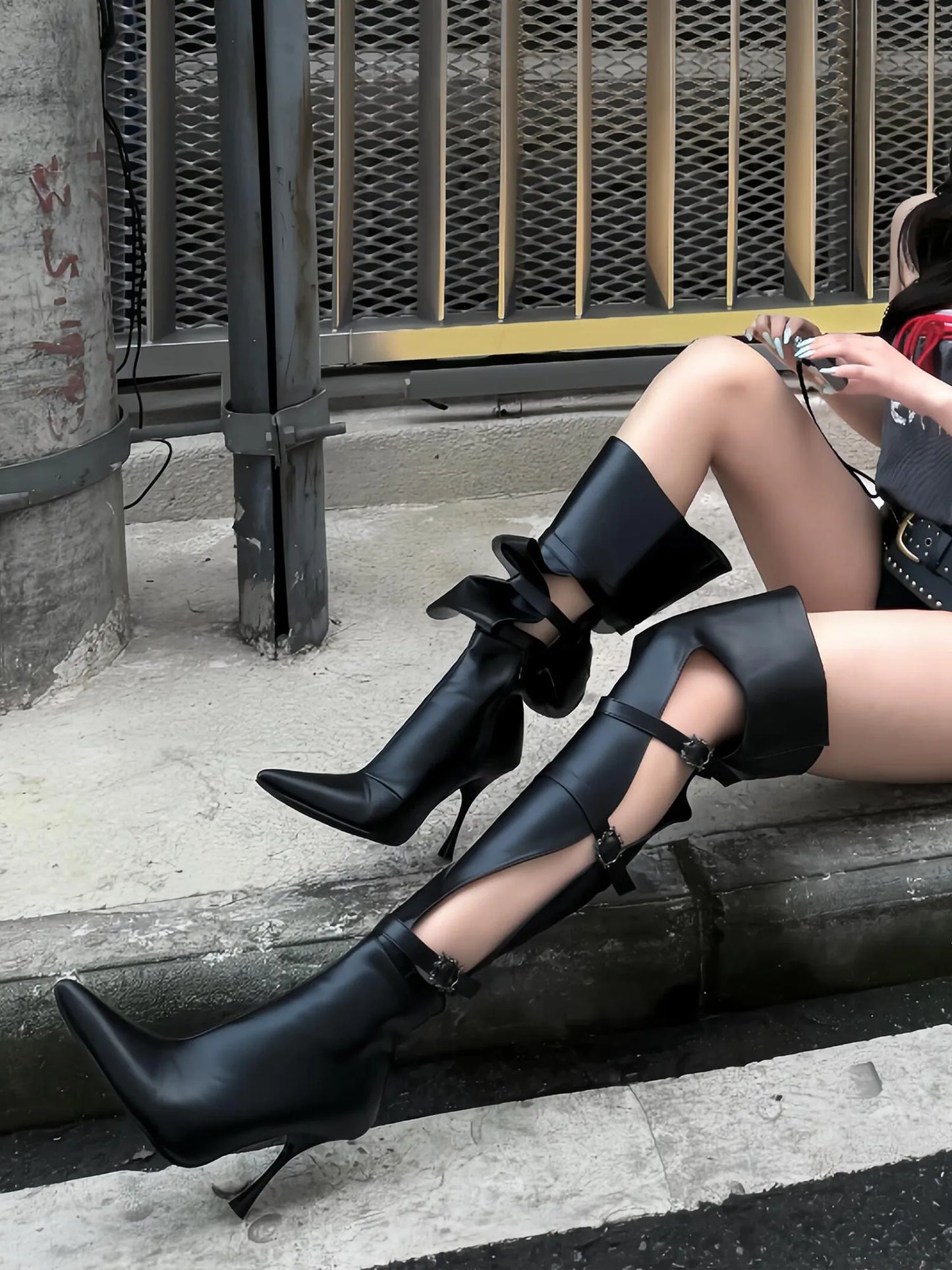 Black Patchwork Rivet Pointed Toe Thigh High Boots For Women