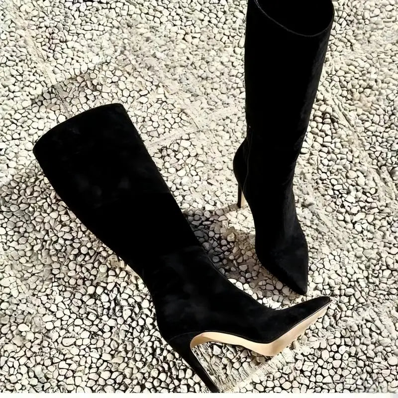 Sleek Suede Pointed Toe Side Zip Knee High Boots For Women