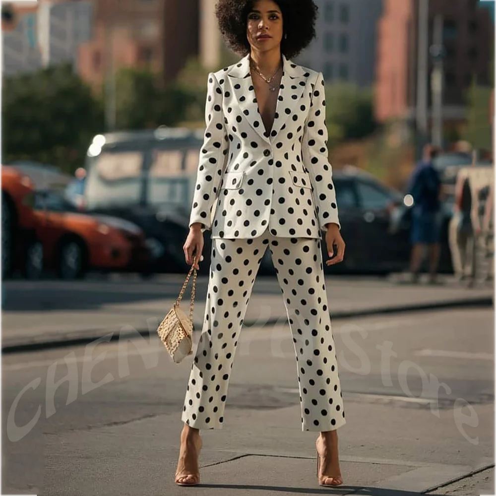 White Polka Dot Women's Suit 2 Pieces New Design Single Button Blazer Ankle Pants Fashion Set Formal Party Business Office Wear