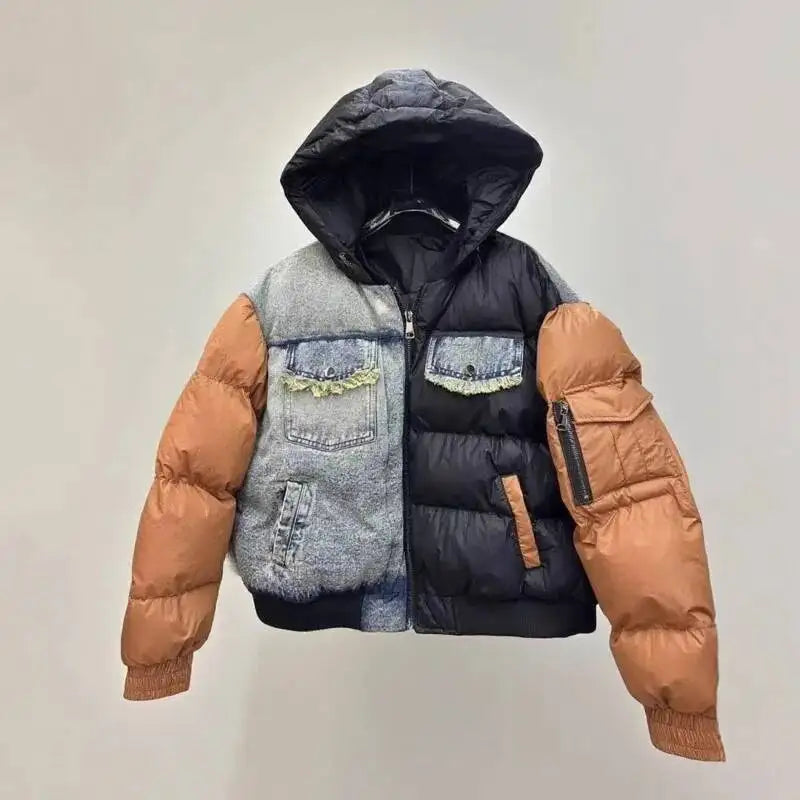 ANJY Autumn Winter New Women European Trendy Padded Coat Heavy-Duty Denim Patchwork Pocket Color-Block Hooded Down Jacket A12508
