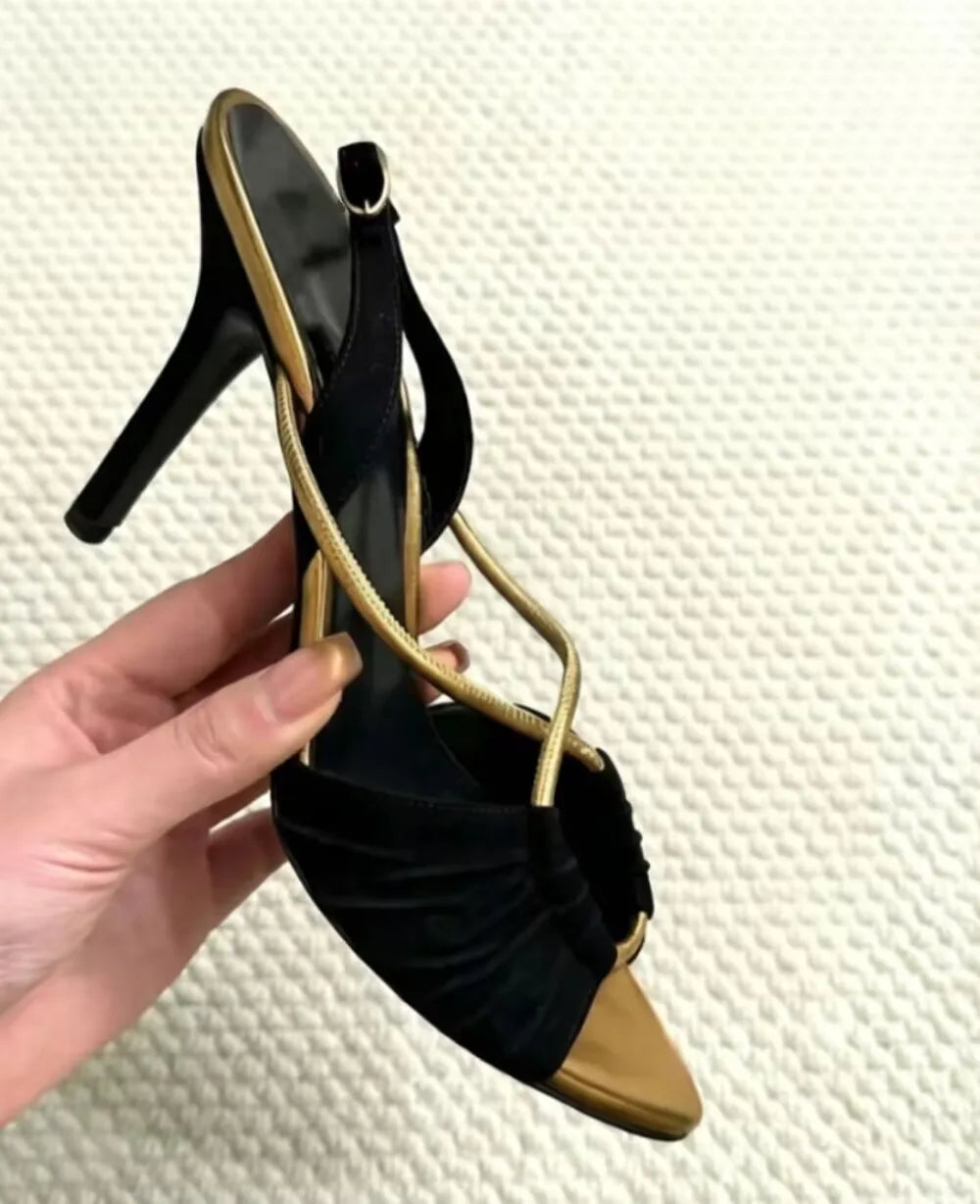 Black And Gold Pointed Toe Stiletto Sandals With Crisscross Straps For Women