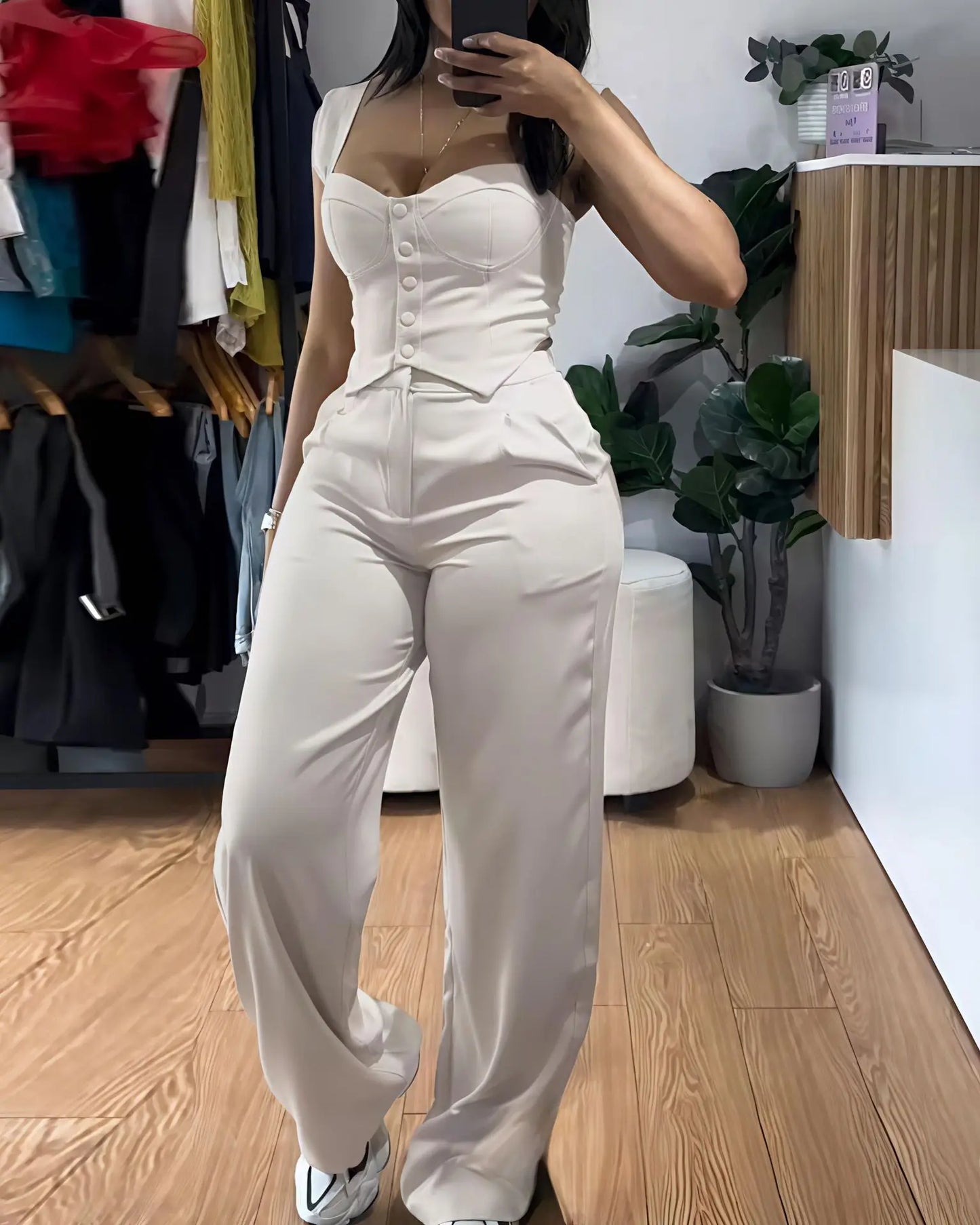 Elegant Solid Color Strapless Suspender Vest Trousers Two-Piece Set for Women