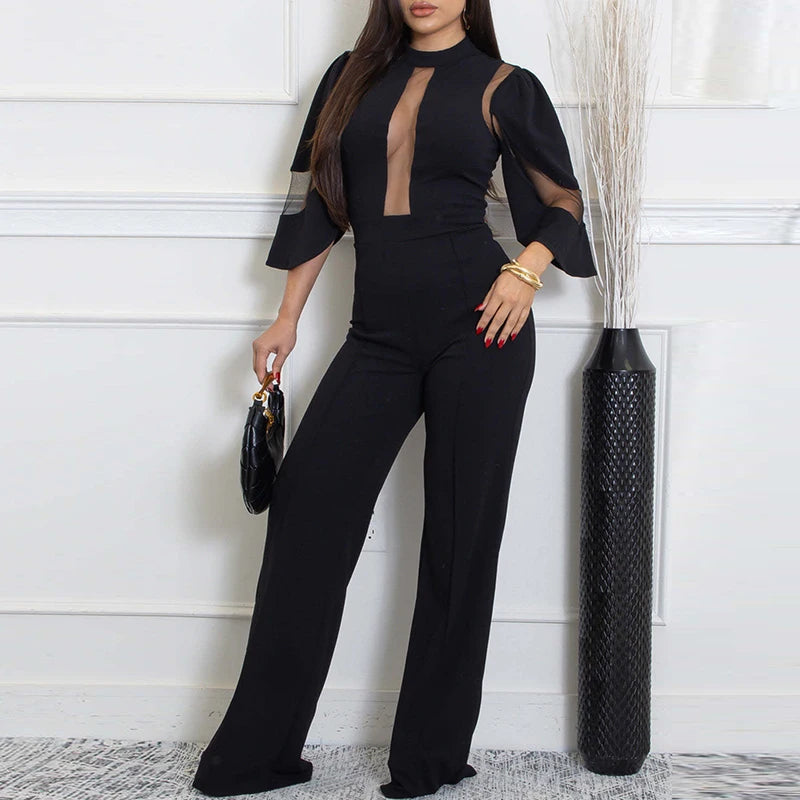 Office Lady O-neck Short Sleeved Romper Fashion Party Solid Color Long Pants Playsuit Mesh Splicing High Waist Straight Jumpsuit