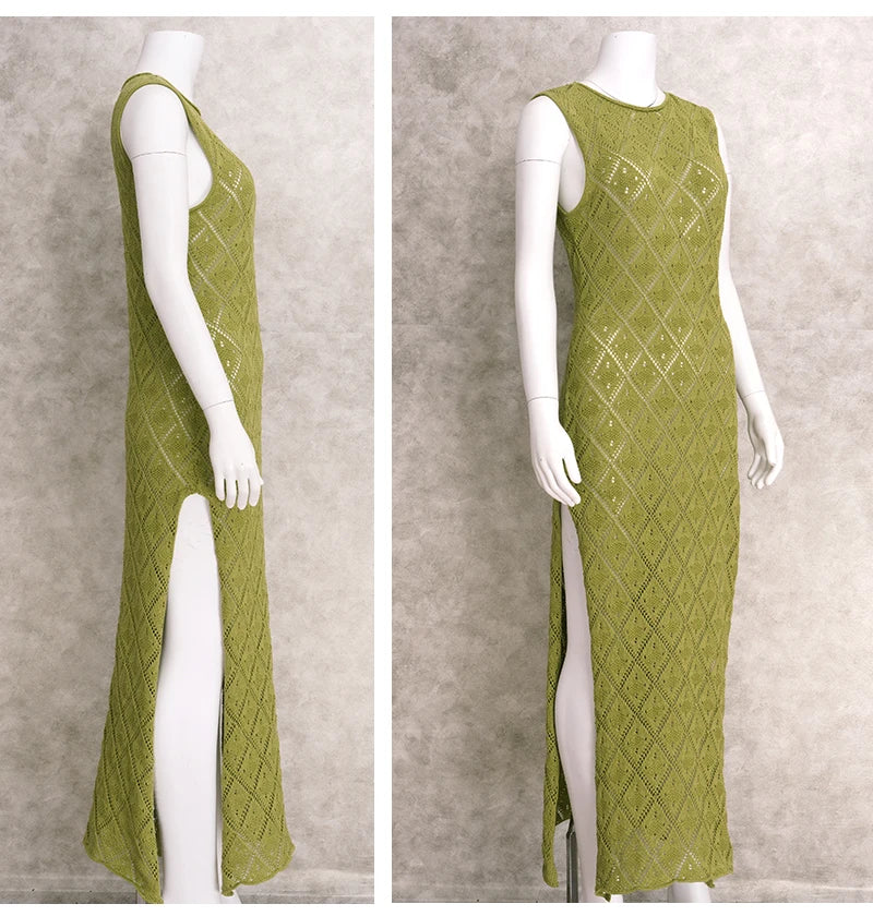 Sexy Cut Out Slit Knit Mesh Swimsuit Cover Up Pareo Tunic 2025 Summer Beach Maxi Dress Bikini Cover-ups Women Beachwear A2318