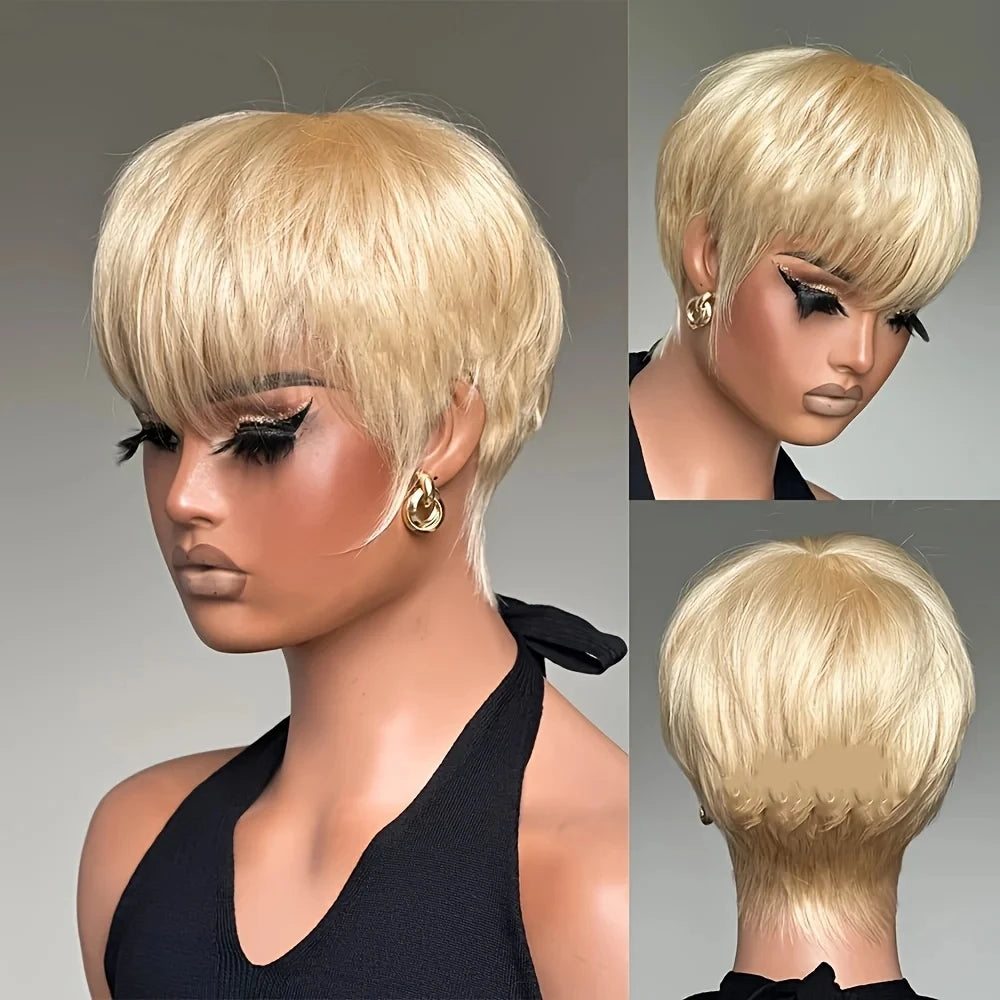 Short Platinum Blonde Pixie Cut Human Hair Wig for Women