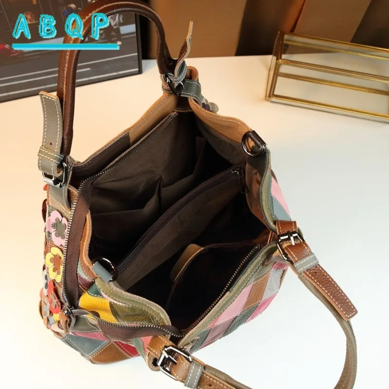 ABQP New Women's Handbag Made of Genuine Leather Hand Woven Women's Single Shoulder Crossbody Bag Color Spliced Women's Bag