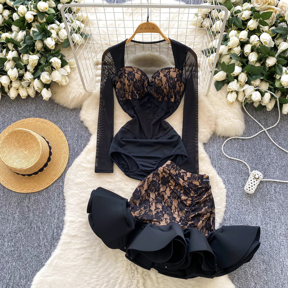 Floral Lace Mesh Bodysuit and Ruffle Mini Skirt Set for Women