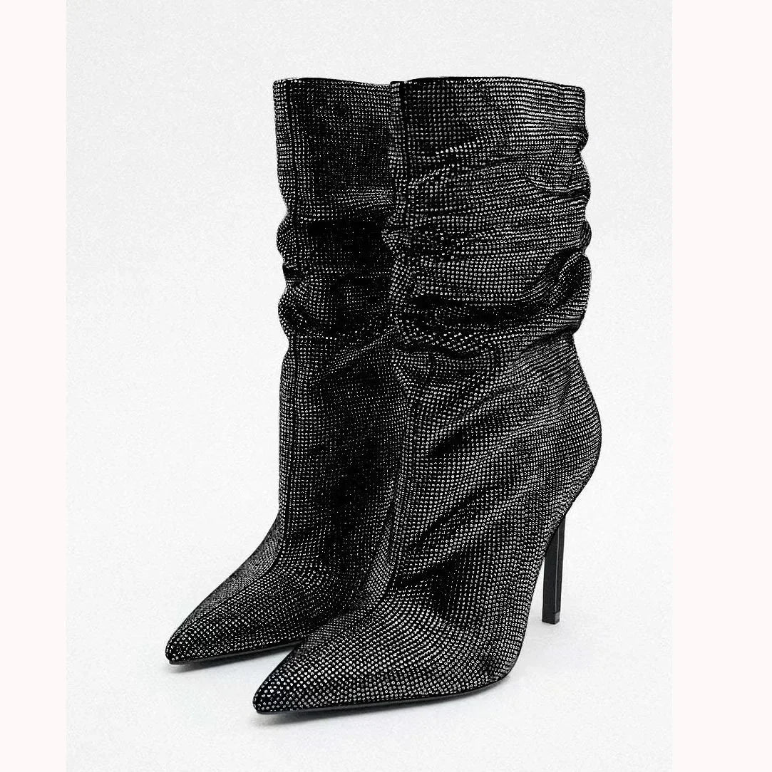 Rhinestone Embellished Pointed Toe Stiletto Boots For Women