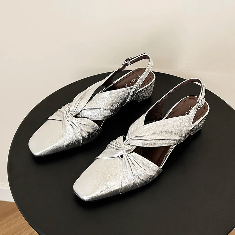 Handmade Real Leather Bowtie Square Heel Slingback Sandals for Women