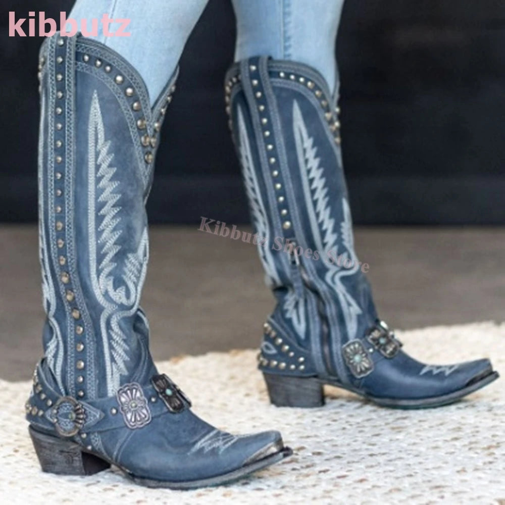 Cowboy Boots Knee High Rivet Leather Fashion Luxury Concise Elegant Sexy Pointed Toe Square Heels Side Zipper Women Shoes Newest