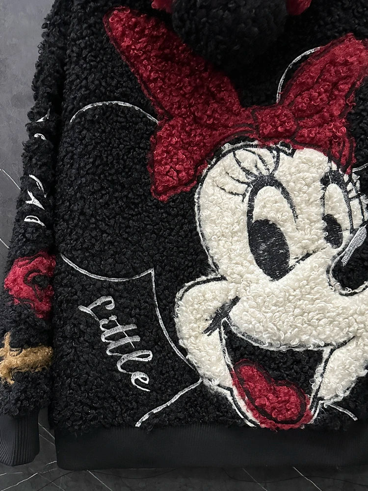 Fashion Autumn Winter Fluffy Overcoat Cute Minnie Loose Hooded Zip Cardigans Coat Mid-long Long Sleeve Sweet Lambswool Jacket