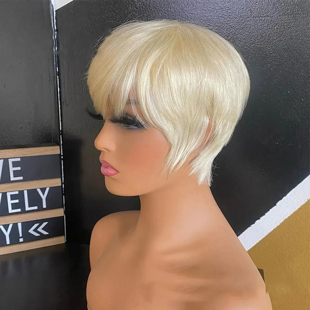 Short Platinum Blonde Pixie Cut Human Hair Wig for Women