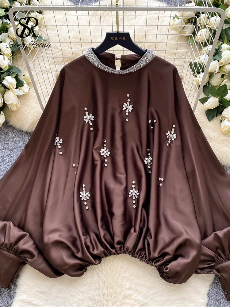 Elegant Beaded Satin Batwing Sleeve Blouse for Women