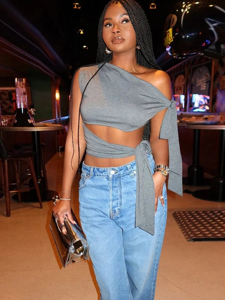 Weird Puss Hollow Bandage Tank Tops Women Ribbon One Shoulder Solid Sexy Summer Trend Wild Midnight Club Skinny Irregular Vest