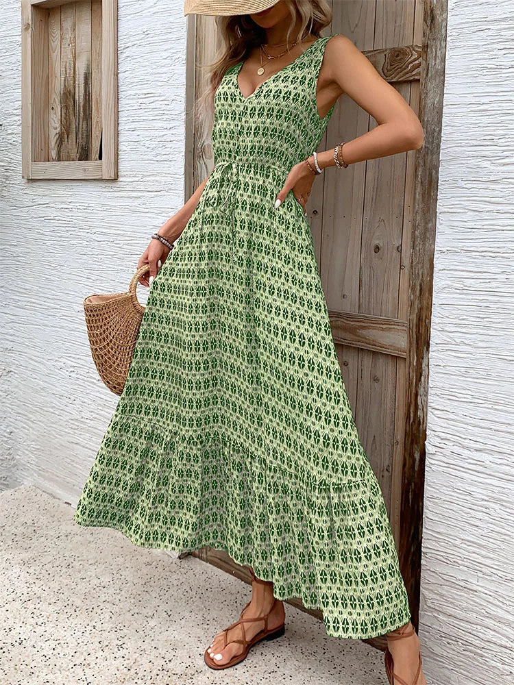 Printed Spaghetti Strap V-Neck Dress With Waist Tie for Women