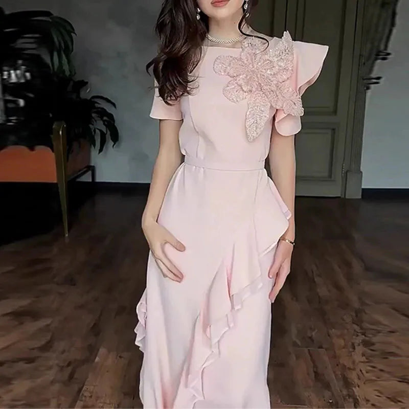 Fashion Flower Patchwork Lotus Leaf Edge Long Dress Casual Summer Banquet Dresses Ladies Temperament O-neck Short Sleeved Dress