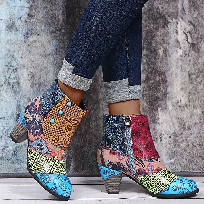 Vintage Printed Leather Zippered Ankle Boots for Women
