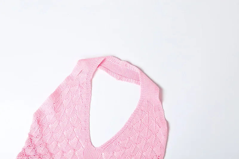 Elegant See Through Crochet Tassel Halter Dress for Women