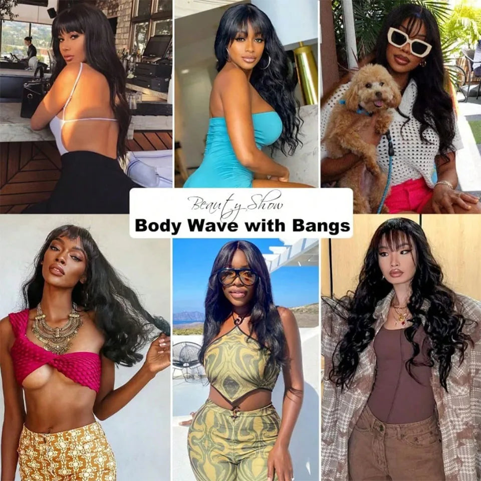 Long Body Wave Glueless Human Hair Wig With Bangs for Women
