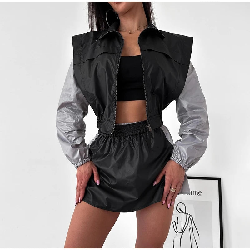 Casual Color Block Long Sleeve Jacket And Mini Skirt Set For Women