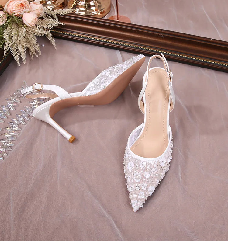 Elegant Floral Lace Back Strap High Heel Sandals for Women