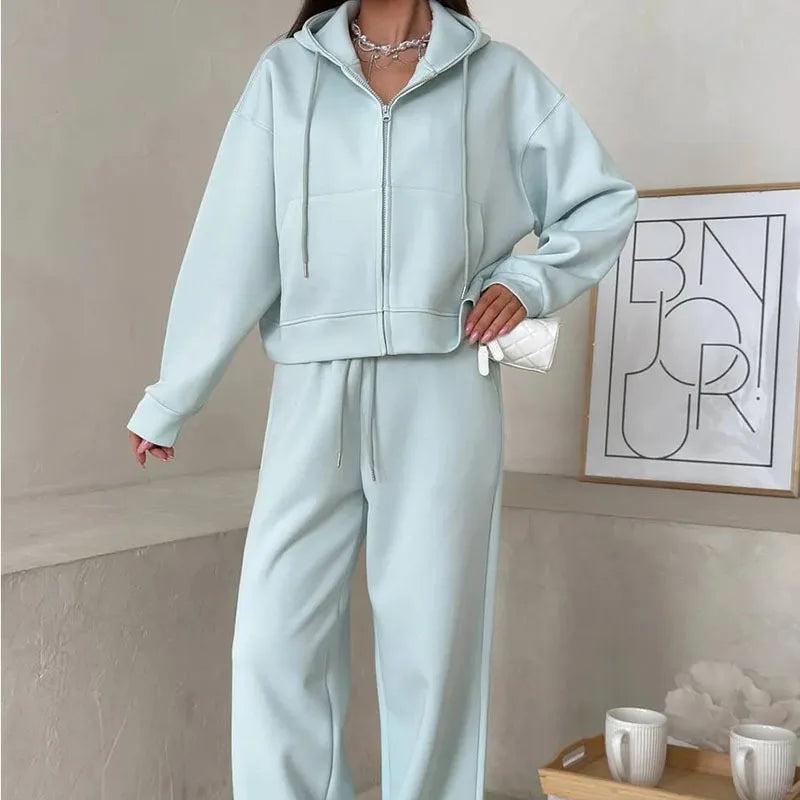 KUCLUT Fashion Sports Suit Long Sleeve Zipper Cardigan Hooded Sweatshirt Drawstring Elastic Trousers Two-piece Set Female 1A717