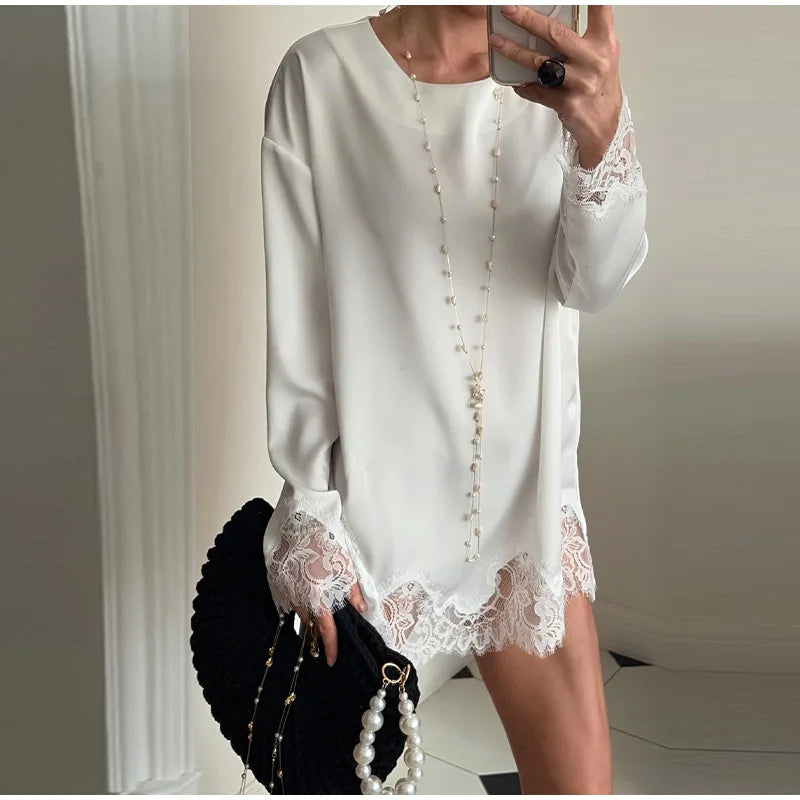 Elegant Lace Patchwork Loose Knee Length Dress for Women