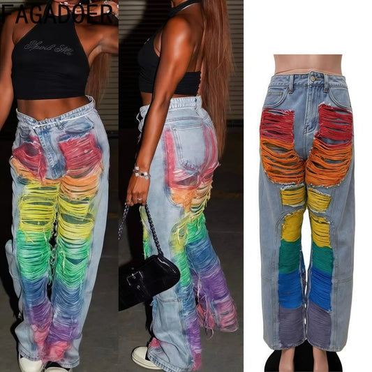 FAGADOER Vintage Fashion Gradient Denim Pants Women Blue Zipper Tassels Patchwork Jeans Female Streetwear Bottoms 2025 New