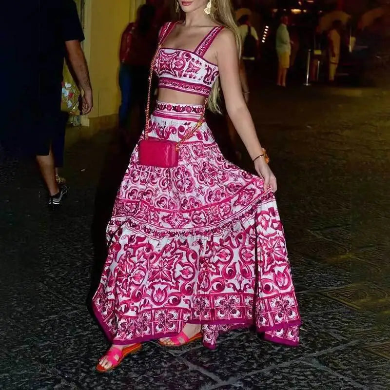Printed Strapless Crop Top and Maxi Skirt Set for Women
