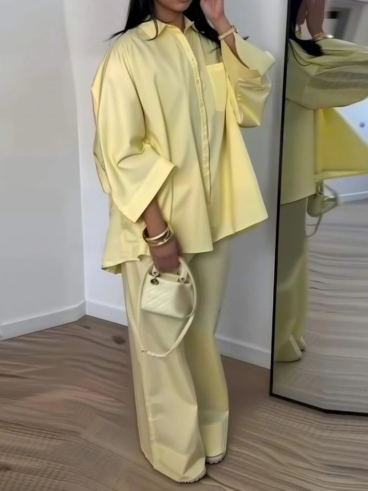 Casual Long Sleeve Shirt and Pants Two Piece Set for Women