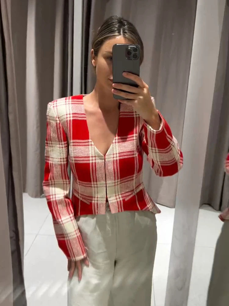 Elegant Plaid Long Sleeve V-Neck Single Breasted Jacket for Women
