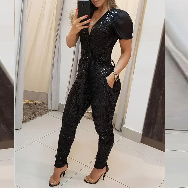 Elegant Women Glitter Belt Party Romper Casual Short Sleeve V-neck Lady Overall Playsuit Fashion Shiny Patchwork Sequin Jumpsuit