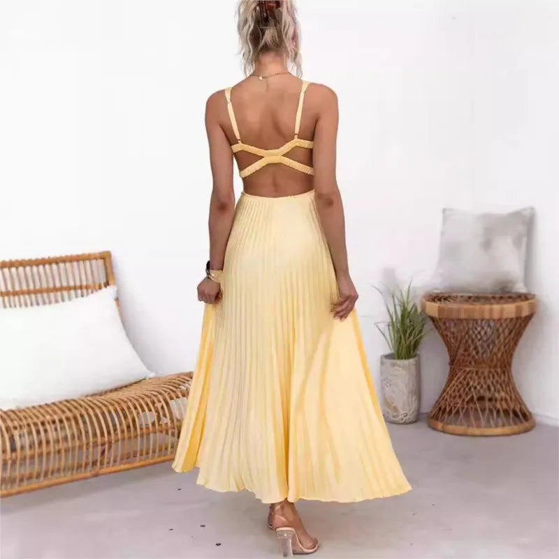 Fashion V-Neck Holiday Long Dress Summer Elegant Strap Loose Solid Sleeveless Party Dress Women High Waist Solid Pleat Dresses