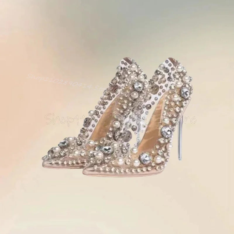 Pearl Rhinestone Decor PVC Pointed Toe Pumps for Women