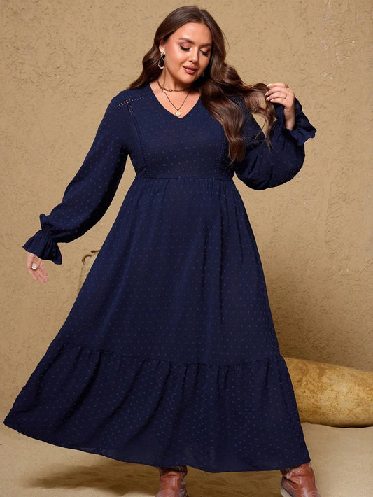 plus Size Women's Pullover V-Neck Long Sleeve Dress Autumn 2025 Printed Loose Casual Fashion Best Choice for Autumn