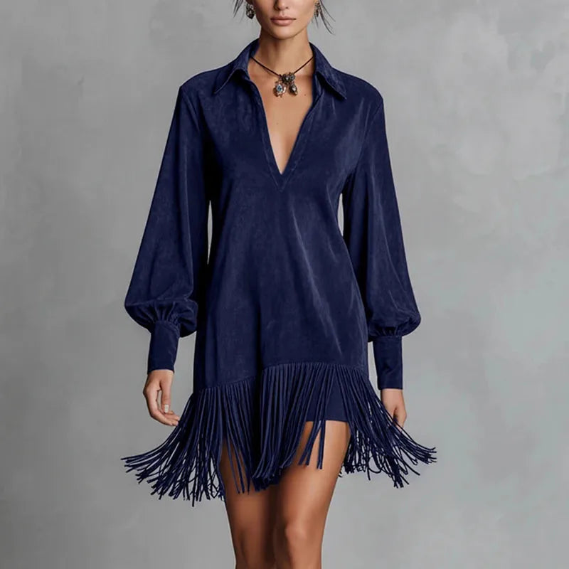 Spring Retro Solid Imitation Suede Tassel Dress Woman Sexy Lapel Hollow A-Line Mini Dress Autumn Long Sleeve Elegant Party Dress