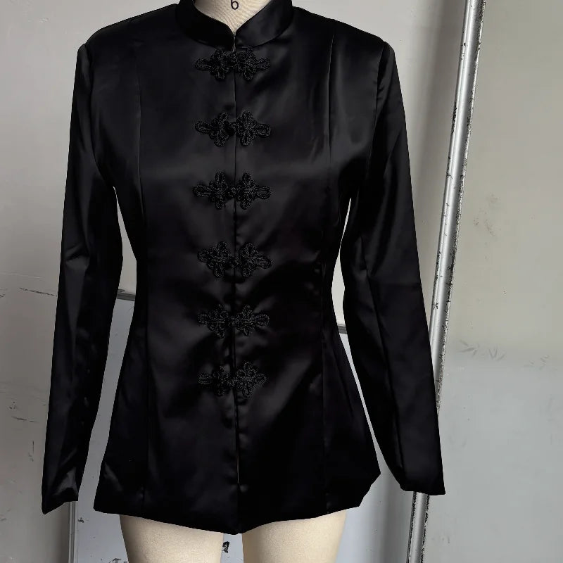 Elegant Satin Frog Button Standup Collar Jacket for Women