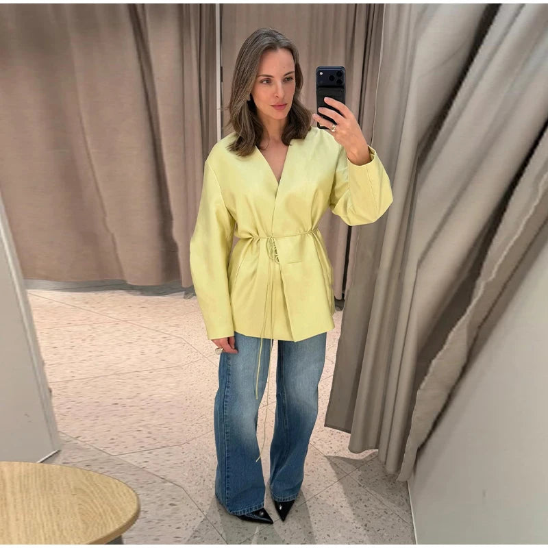 Lace Up Jacket and Wide Leg Pants Suit Set for Women